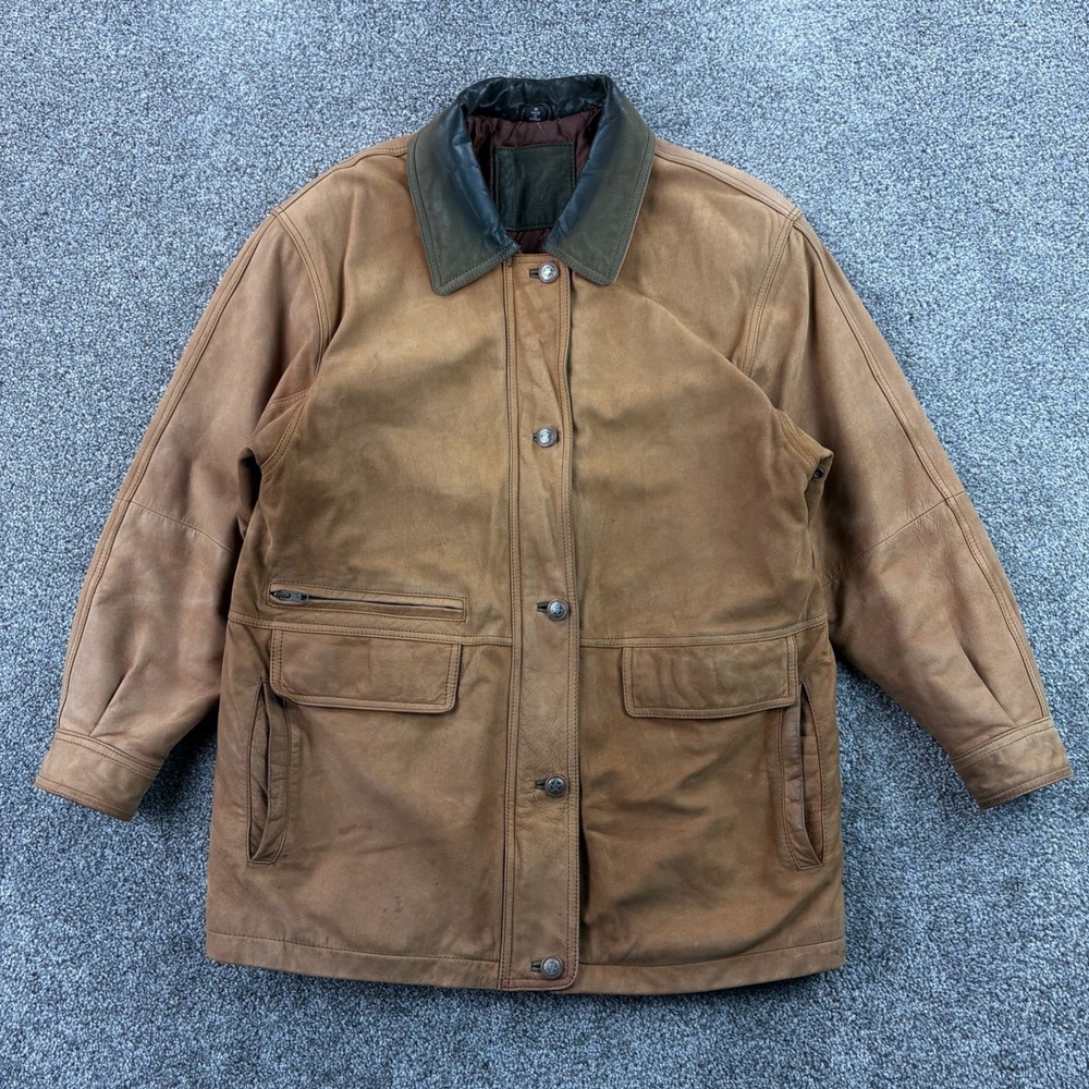 Vintage Mixed Blues Leather Chore Jacket Mens Medium Brown Field Coat Barn Long